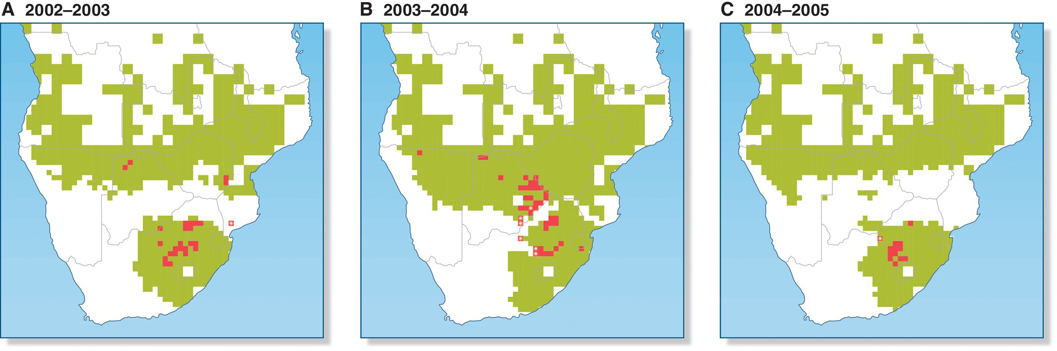 Three maps of South Africa with shaded blocky portions indicating the nomadic breeding of colonies of red-billed queleas (Quelea quelea) from 2002-2003 (left), 2003-2004 (middle), and 2004 to 2005 (right).