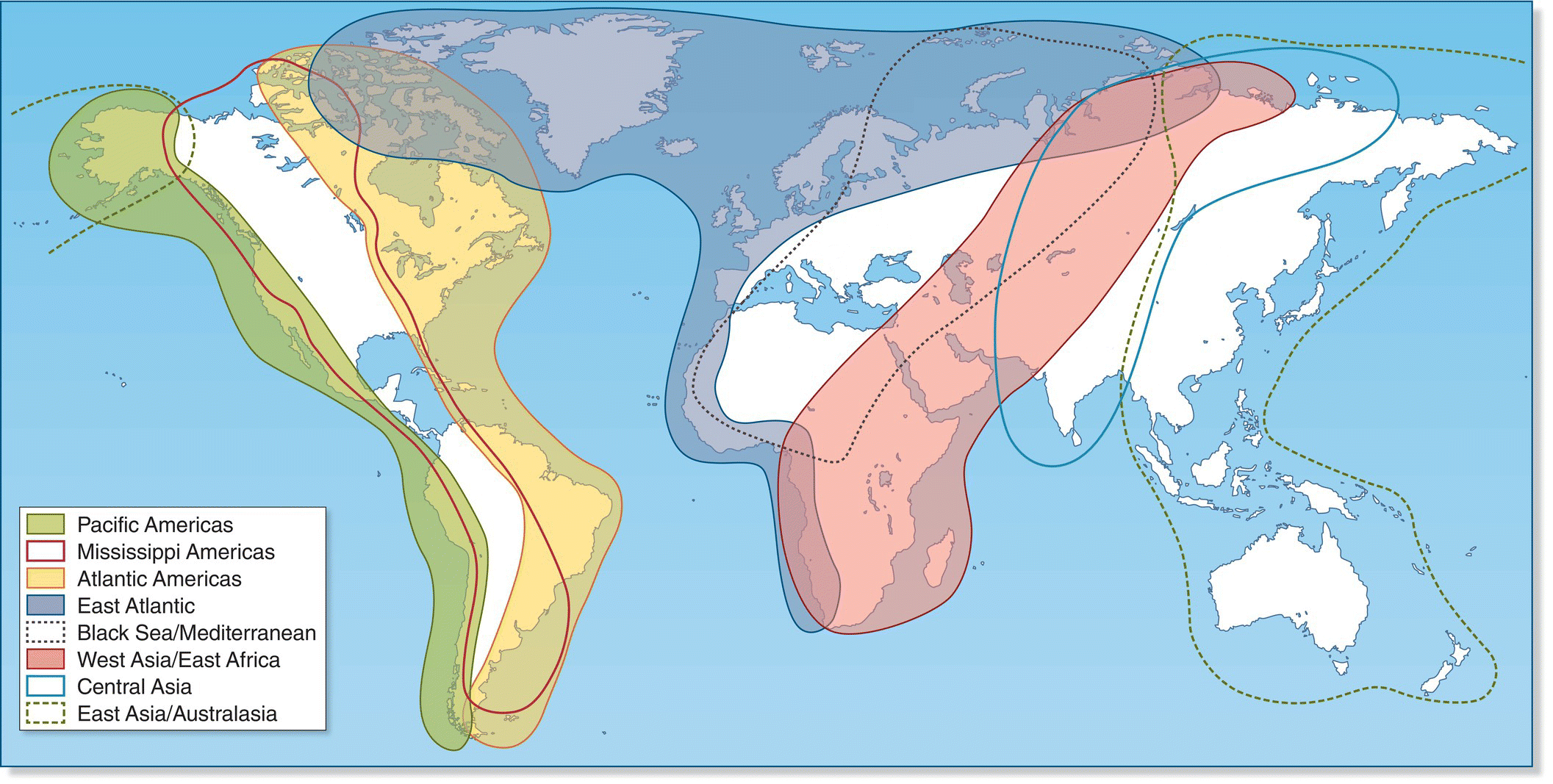 Map of the world depicting in shaded portions, lines, and dotted lines the eight major flyways of migrant shorebirds.