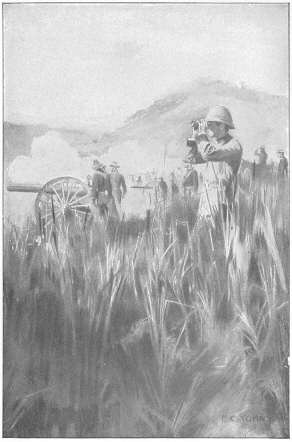 Officers watching the artillery play on Coamo. Drawn by F. C. Yohn from a photograph by the Author