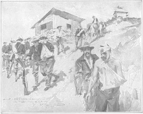 Wounded Rough Riders coming over the hill at Siboney. Head of column of Second Infantry going to support the Rough Riders, June 24th