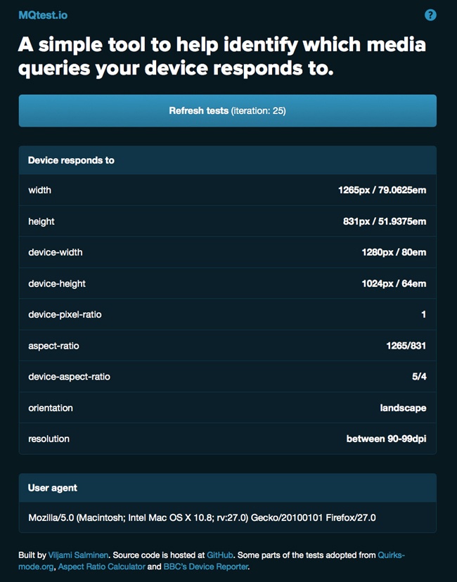 The MQtest.io website will show you the dimensions of your browser window.