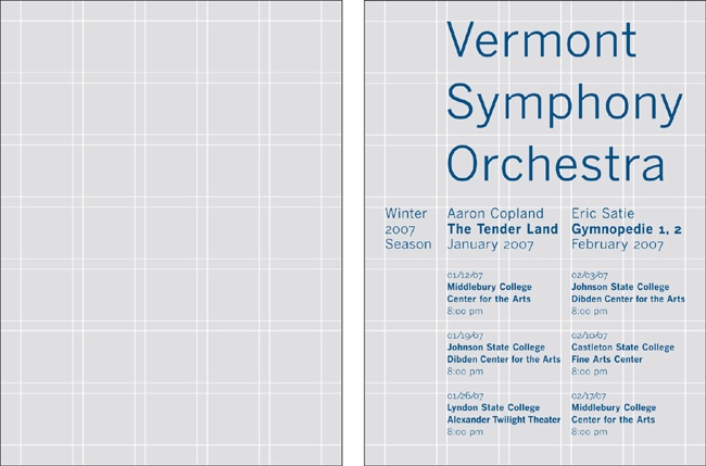 An empty five-column grid, and an example of a layout in that grid.