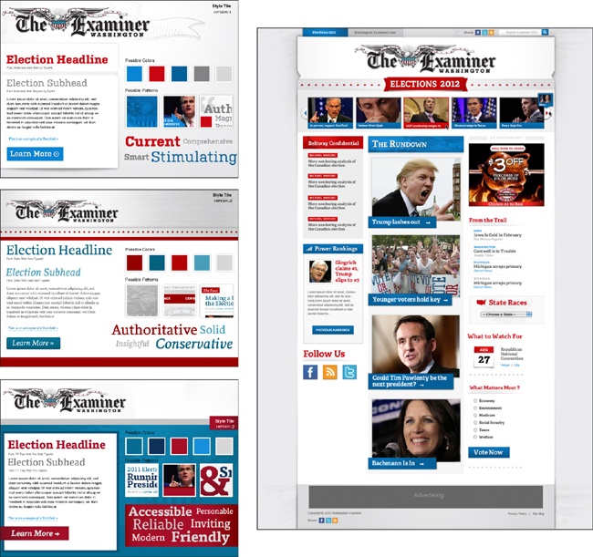 The three style tiles were used to get to the final design used on The Examiner website, shown in the fourth image.