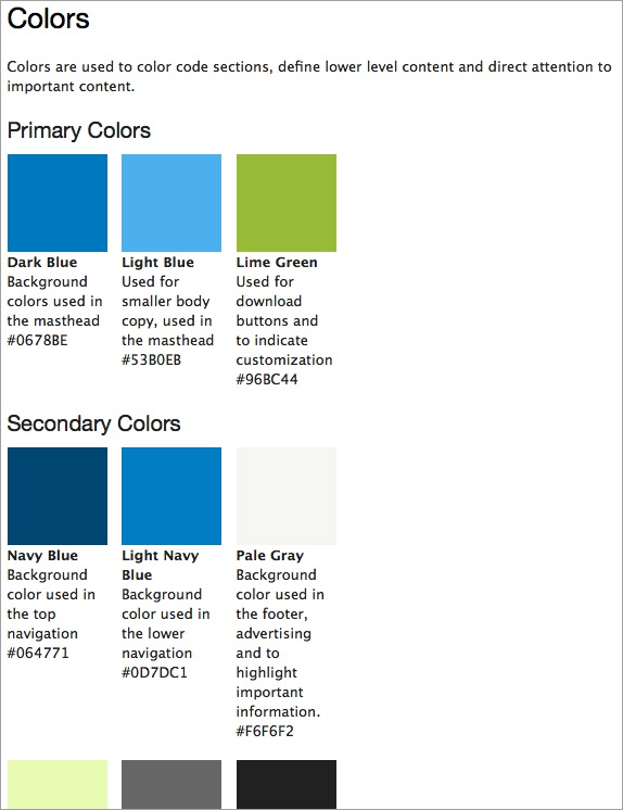 One page of the Drupal.org style guide lists colors (primary colors, secondary colors, and message colors); each entry gives the color name, hex value, and its use (e.g., Dark Blue, #0678BE, Background colors used in the masthead).