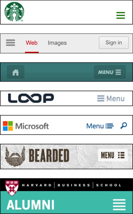 Variations on the standard navigation icon from the Starbucks, Google, dConstruct 2012, Loop Recordings, Microsoft, Bearded, and Harvard Business School Alumni websites.