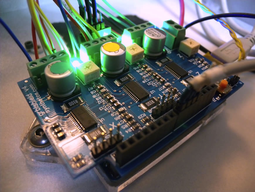 The GRBLShield, in addition to an Arduino running one of many 3D printer-compatible firmwares, provides an easy to use 3-stepper driver that can quickly become the basis for your 3D printer’s control system.