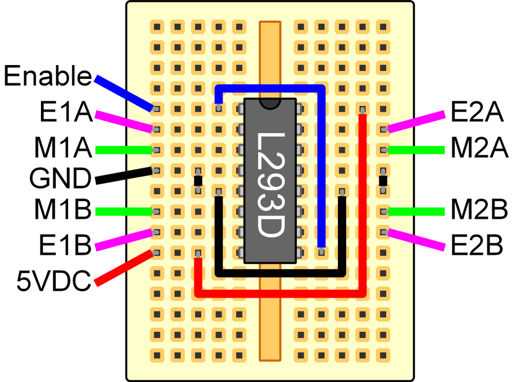 L293D breadboard layout.