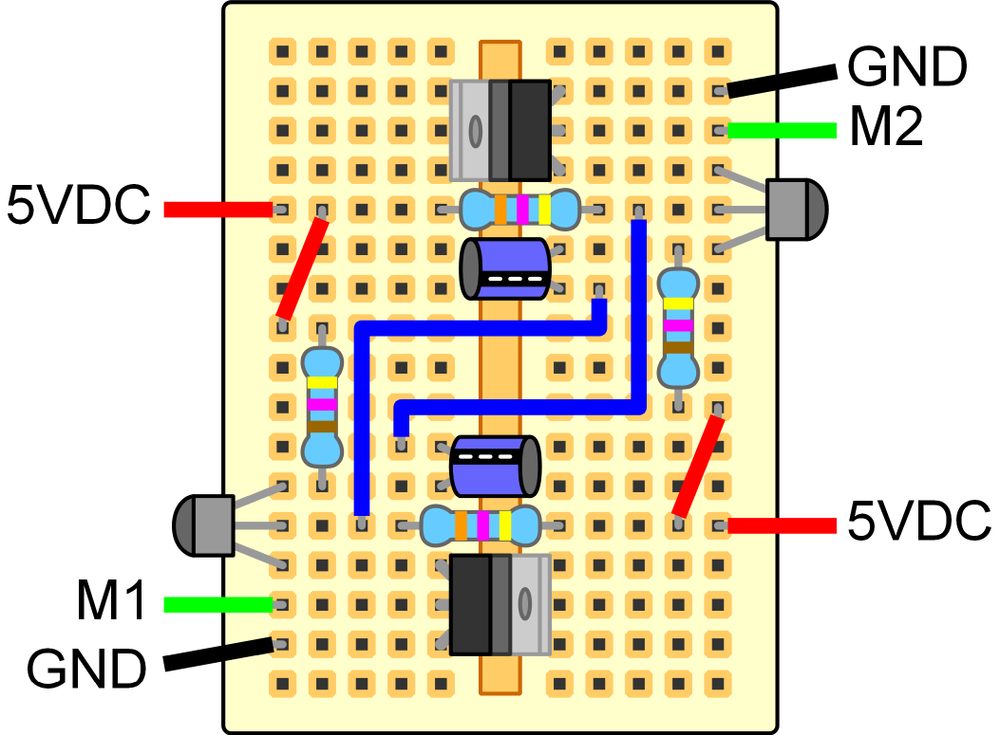 Breadboard layout for brushless DC motor controller.