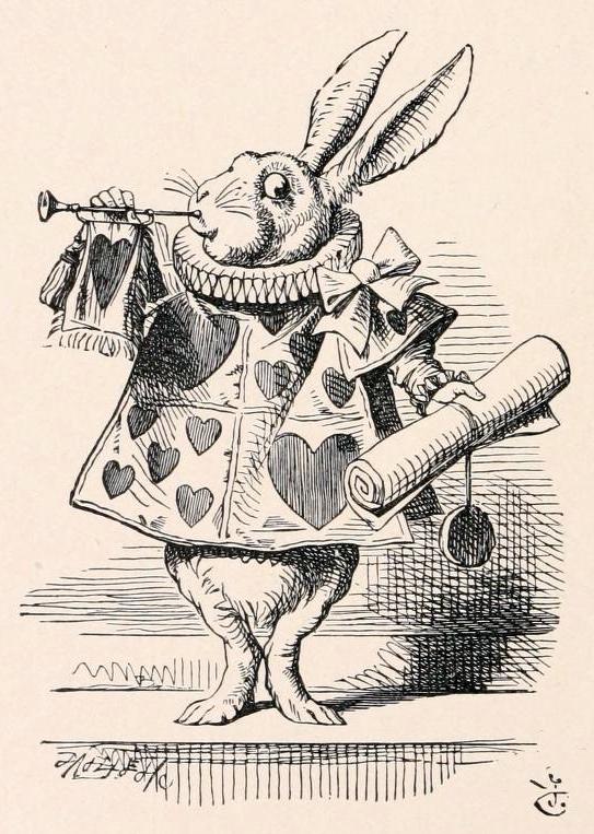 White Rabbit, dressed as herald, blowing trumpet