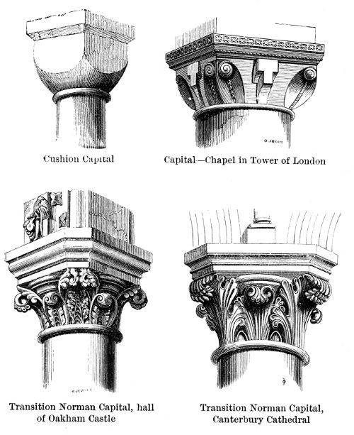Cushion Capital; Capital—Chapel in Tower of London; Transition Norman Capital, hall of Oakham Castle; Transition Norman Capital, Canterbury Cathedral