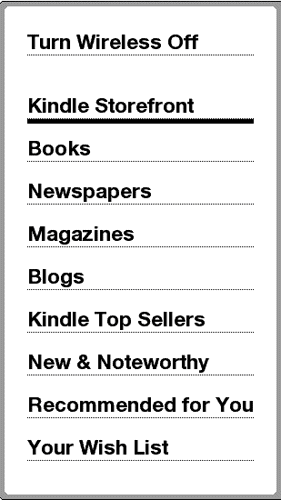 The Menu button reveals a decidedly less cluttered way to use the main page of the Kindle store.