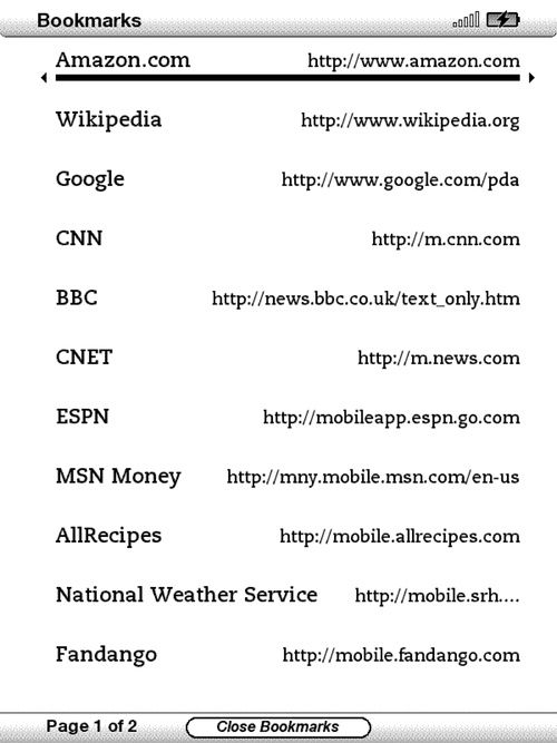 This first page of web page bookmarks comes from Amazon. Any bookmarks you add will show up on the next page of the list. There’s no way to organize this list, but at least you can delete the bookmarks you don’t want by selecting them and clicking left on the joystick.