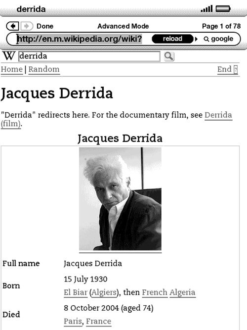 If you want to know more about a subject that your book or the Kindle dictionary is telling you—like who the heck Jacques Derrida is—Wikipedia is a great (if occasionally inaccurate) source of information on almost every topic imaginable.