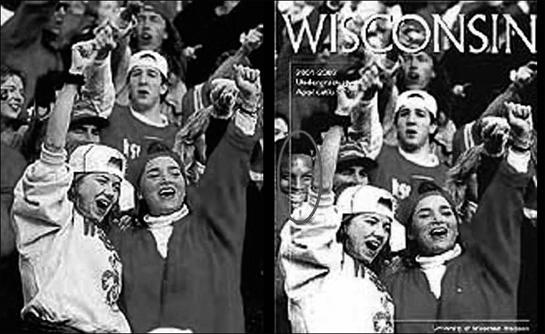 To demonstrate racial diversity, the University of Wisconsin's magazine added a black man's face to this cover photograph, rather than actually finding a black man on campus.