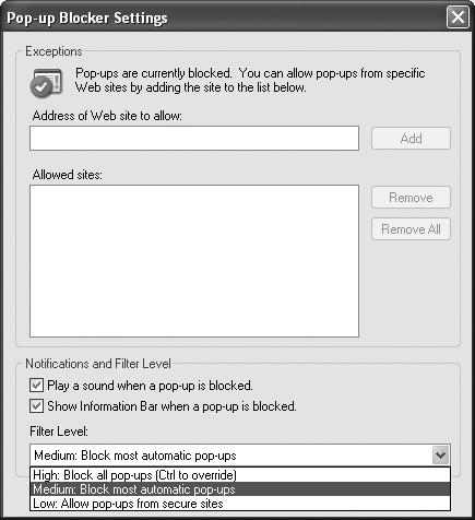 Internet Explorer 6 gives you different options for blocking pop-up ads.