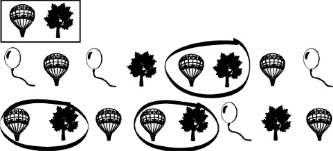 Figure depicting pair cancellation, where in the first row a rectangle has pictures of a hot air balloon and a leaf. The second and third rows consist of pictures of balloon, hot air balloon, and leaf arranged in a random manner. In both rows pictures of hot air balloon and leaf as a pair are encircled.