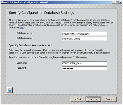 Specifying the SQL Server and SharePoint farm credentials