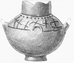 No. 221. A Terra-cotta Vase with two little Ears, and two large perforated Handles, marked with eleven strange characters (5½ M.). The depth must refer to the upper house above the Palace. it is given as 8½ M. in the Photograph, but corrected in the descriptive letter-press to 5½ M.; and a like correction seems to have been neglected in the Book.—{ED.}