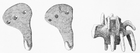 No. 232 (8 M.). No. 233 (7 M.). Curious Terra-cottas from the Trojan Stratum. Dr. Schliemann takes No. 232 for a pair of pegs for hanging up clothes. No. 233 is a strange animal figure, solid, except for a tube passing through the body and open at both ends, so that it cannot have been a vessel. Dr. Schliemann thinks it may represent the chimæra (Iliad, VI. 179, foll., “In front a lion, behind a serpent, and in the middle a chimæra”). In one sense, certainly, the name seems appropriate.