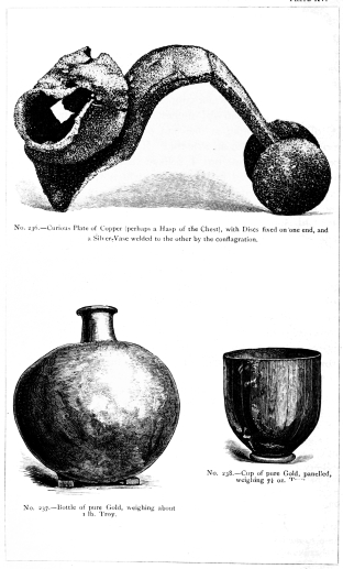 No. 236.—Curious Plate of Copper (perhaps a Hasp of the Chest), with Discs fixed on one end, and a Silver Vase welded to the other by the conflagration. No. 237.—Bottle of pure Gold, weighing about 1 lb. Troy. No. 238. Cup of pure Gold, panelled, weighing 7½ oz. Troy. THE TREASURE OF PRIAM. Page 325. 