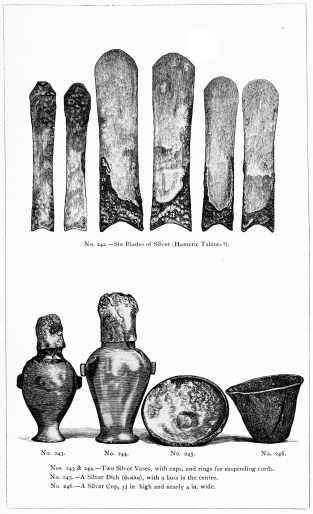 No. 242.—Six Blades of Silver (Homeric Talents?). Nos. 243 & 244.—Two Silver Vases, with caps, and rings for suspending cords. No. 245.—A Silver Dish (φιάλη), with a boss in the centre. No. 246.—A Silver Cup, 3-1/3 in. high and nearly 4 in. wide. THE TREASURE OF PRIAM. Page 328. 