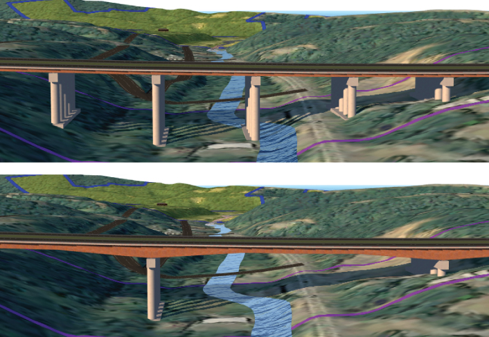 Screenshot comparing two bridges. Top: Five rows of piers with flat girders. Bottom: Two rows of piers, each with thick girders above.