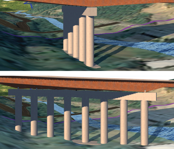 Screenshot presenting columnar and skewed positions of a row of piers before (top) and after (bottom) rotation, respectively.