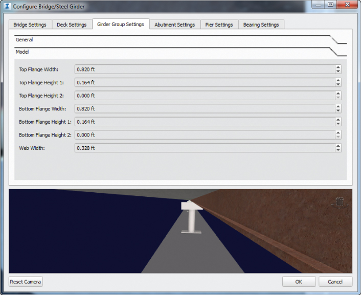 Screenshot of the Configure Bridge/Steel Girder dialog presenting the Girder Group Settings tab with fields for height and width attributes of flanges and a preview pane below.