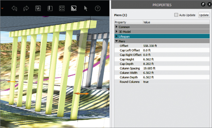 Screenshot of a row of piers highlighted and surrounding with rotate gizmos. On its right is the Properties panel displaying settings under Piers section.