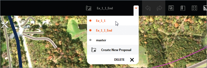 Screenshot of the expanded drop-down list of Ex_1_1_End proposal on the InfraWorks Utility bar.