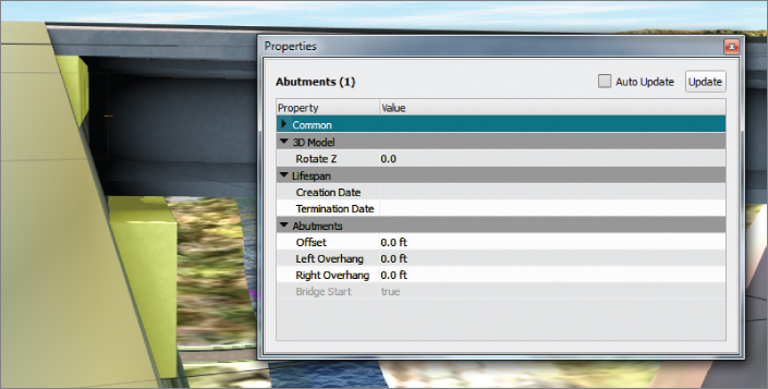 Screenshot of the Properties panel presenting common, 3D model, lifespan, and abutment properties.