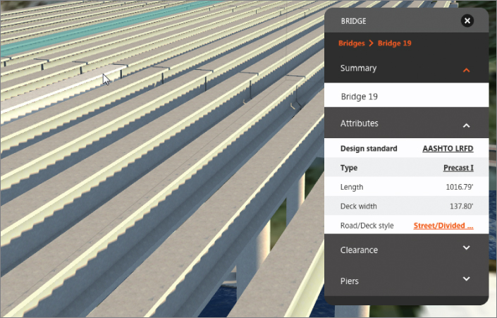 Screenshot of Bridge 19 with a Bridge asset card on the right displaying a summary of its attributes.