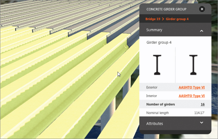 Screenshot of Bridge 19 with a highlighted girder group and a Concrete Girder Group asset card on the right displaying a summary of its exterior and interior types, number of girders, and nominal lengths.