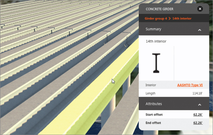 Screenshot of Bridge 19 with a highlighted girder and a Concrete Girder asset card on the right displaying an image of girder type used, name of interior girder type, and its length.