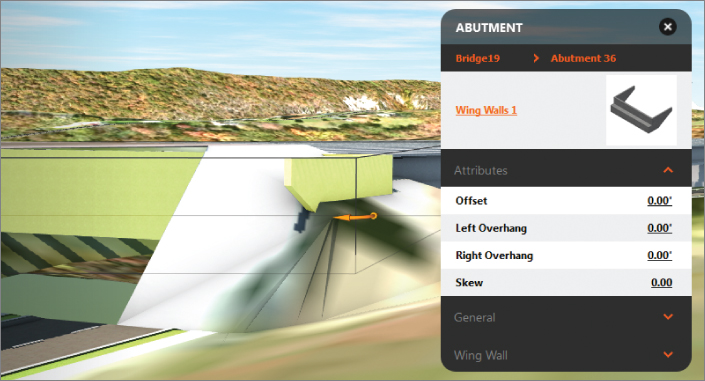 Screenshot of the Abutment asset card displaying a list of attributes and a corresponding image of a wing wall.