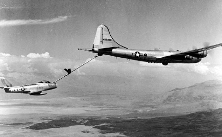 North American tested aerial refueling with a hose system and, as shown here, a flying boom from a KB 29.