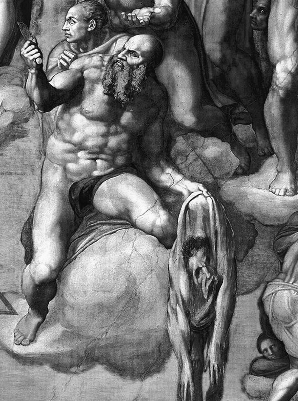 Detail in The Last Judgment of Saint Bartholomew holding his own skin—which has Michelangelo’s own features—in his hand