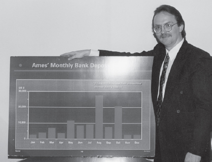 Dan Payne with his chart of Ames’ monthly bank deposits from unidentified sources during 1985-91. That income totaled $1,326,310. (Authors’ collections)