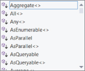 Snipped image of pop up window displaying a list such as Aggregate<>, All<>, Any<>, AsEnumerable<>, AsParallel, AsParallel<>, AsQueryable, and AsQueryable<>.