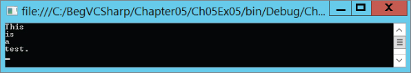 Command prompt window after executing the code, displaying the text This is a test.