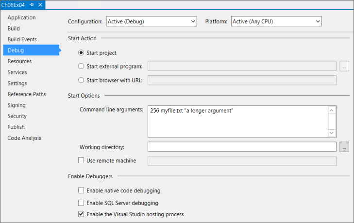 Screenshot of Ch06Ex04 window with selected Debug tab displaying a shaded bullet on Start project, a checked box on Enable the Visual Studio hosting process, and a box with 256 myfile.txt “a longer argument”.