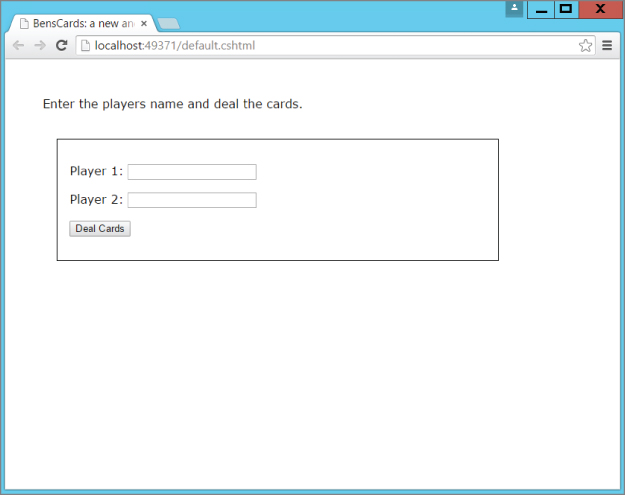 Screenshot of a browser displaying a page with a text Enter the players name and deal the cards atop a box with 2 blank text boxes across Player 1 and Player 2 with Deal Cards button.