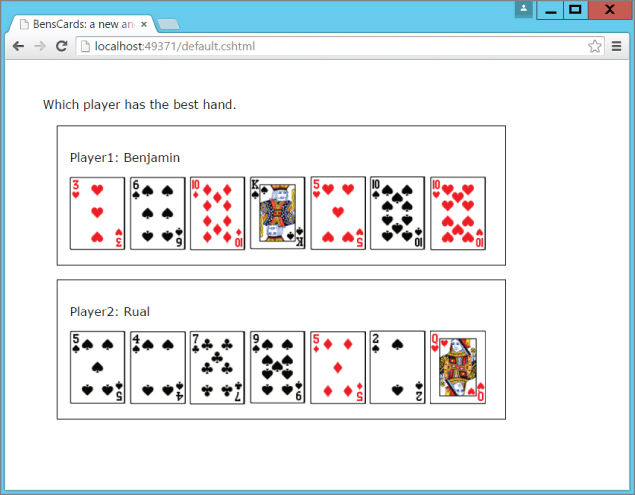Screenshot of a browser displaying a page with a text Which player has the best hand? atop two boxes labeled Player 1: Benjamin (top) and Player 2: Rual (bottom) containing 7 different cards each.
