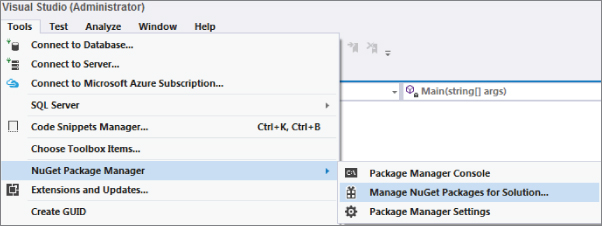 Snipped image of Visual Studio dialog box displaying the Tools tab options with a dropdown list of selections for NuGet Package Manger selecting Manage NuGet Package for Solution.
