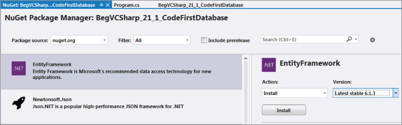 Screenshot of the NuGet Package manager displaying the unchecked Include Prerelease checkbox and the Entity Framework latest stable release selected.
