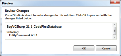 Screenshot of Preview dialog box for the BegVCSharp_21_1_CodeFirstDatabase file with the OK and Cancel buttons displayed below.