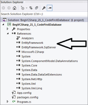 Snipped image of Solution Explorer displaying the added Entity Framework pointed by a thick arrow and the corresponding references.