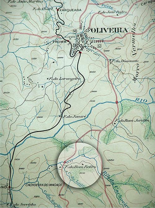 Carta topográfica de Oliveira, indicando a Fazenda Bom Retiro, 1922 Acervo Fundação Biblioteca Nacional Topographical map of Oliveira, indicating Bom Retiro Farm, 1922