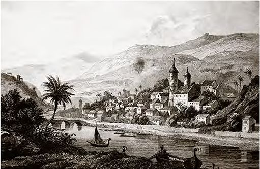 Vista de São João del-Rei, MG Gravura de François Hippolyte Lalaisse a partir de desenho de Van der Burch, século XIX Acervo Museu Histórico Nacional View of São João del-Rei, Minas Gerais Engraving by François Hippolyte Lalaisse based on a drawing by Van der Burch, 19th century