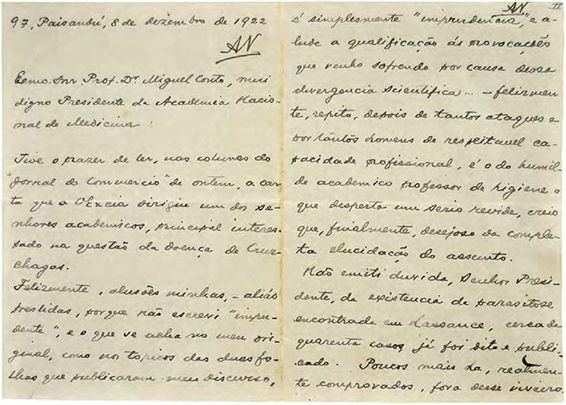 Carta de Afrânio Peixoto a Miguel Couto em que responde a Chagas. Rio de Janeiro, 8 dez. 1922 Acervo Academia Nacional de Medicina Letter from Afrânio Peixoto to Miguel Couto, responding to Chagas. Rio de Janeiro, Dec. 8, 1922